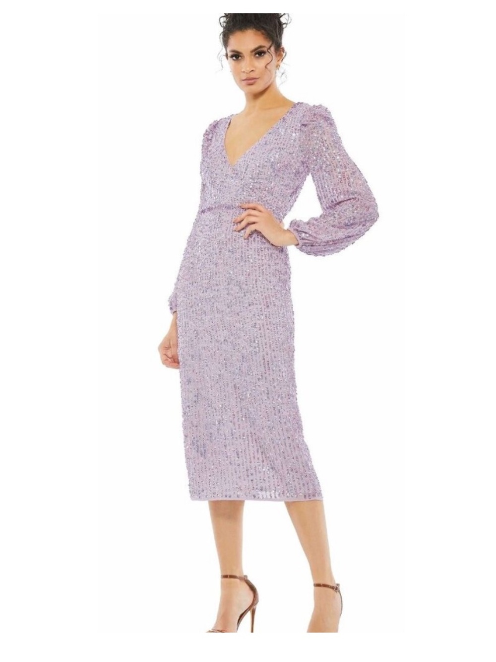 Lavender Mac Duggal Illusion Puff Sleeve V Neck Midi Dress Size 2 Style 107641